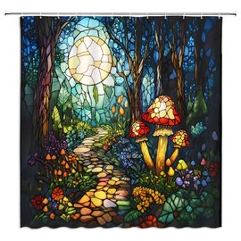 Fantasy Forest Shower Curtain Stained Glass Colorful Floral Mushroom Green Nature Tree Full Moon Fairytale Wonderland Jungle Natural Scenery Landscape Bathroom Decor Curtain with Hooks,70Wx70L