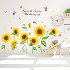 DECOWALL DS9-8062 Sunflowers with Butterflies Color Birds Wall Stickers Decal Peel and Stick Nursery Bedroom Living Room Fly Garden Flower Floral Pink Colorful Windows Decor