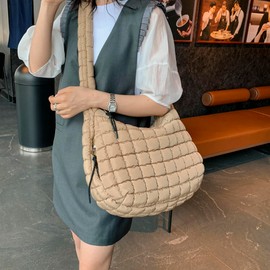 Puffer Tote Bag for Women, Spring Floral Quilted Tote with Adjustable Strap - Lightweight Crossbody Purse Large Capacity (Faux Shearling) for Easter, Mother's Day & Travel