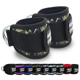 BEAR GRIP - Ankle Straps for Cables (Pairs) - Strong Closure, Double Stainless Steel D-Ring, Adjustable Neoprene - Premium Ankle Cuffs to Enhance Abs, Glute & Leg Workouts