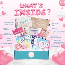 First Period Kit for Girls Bundle with Lil Lets Teen Day Pads, Night Pads, Panty Liners, Sanitary Wipes, London Carousel Sanitary Pad Storage Bag and Period Book and More