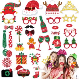 Pack of 35 Christmas Photo Props, Photo Box Accessories for Christmas, New Year, New Year's Eve, Christmas Photo Booth Props, Table Decoration, Birthday Party Accessories