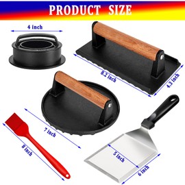 6PCS Burger Press Set for Blackstone - Round Smash Burger Press & Rectangle Cast Iron Grill Press with Wooden Handle, Stainless Steel Griddle Spatula, Hamburger Press and Basting Brush for Barbecue