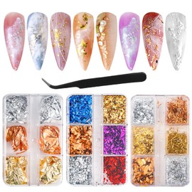 3 Boxes Gold Leaf Nail Art Gold Foil Nails Set with Tweezers, Gold Leaf Nails Nail Art Decorations for Face Body Makeup Decoration Nails