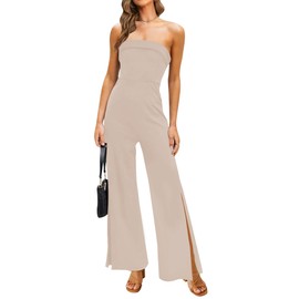 ZESICA Women's Strapless Jumpsuit Casual Off Shoulder High Waist Wide Leg Side Slit Long Romper Playsuits with Pockets,GreyApricot,Medium
