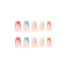MERVF Coffin Press on Nails Medium Fake Nails French Tip Colorful Ballerina Acrylic Nails with Designs 24pcs Glossy Glue on Nails for Women