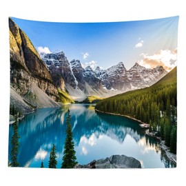 BELECO Mountain Lake Nature Tapestry Canada Moraine Lake Landscape Tapestry Snow Mountains National Park Forest Pines Trees Scenery Tapestry Wall Hanging for Bedroom Living Room Dorm 70x47 Inch
