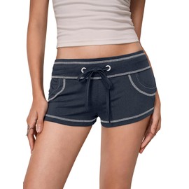 SHENHE Women's Y2k Low Rise Mini Shorts Drawstring Tie Waist Binding Trim Micro Mini Sweat Shorts, Deep Blue, Medium