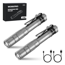 WORKPRO Rechargeable Pen Light, Mini Flashlight, 2 Pack Ultra-Compact EDC Flashlight, Pocket Flashlight with Clip, Memory Function and 2 x USB C Cable Included, Gray