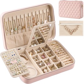 Lolalet Travel Jewelry Case for Women Girls -Large, Pink | Jewelry Box Organizer for Travel Essentials, Mirror & Clear Storage Bag, Earring Necklace