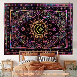 Matematikus Blacklight UV Tapestry Divination Burning Sun UV Reactive Tapestries Dark Boho poster decoration hanging for Bedroom Living Room 78.74 * 59.10 Inches