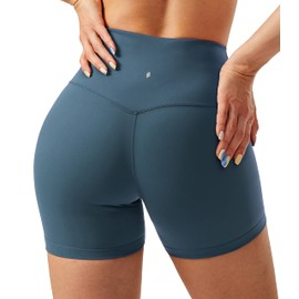 Soothfeel Pantalones cortos de motociclista de cintura alta para mujer, cintura cruzada, entrenamiento, yoga, gimnasio, pantalones cortos para mujer, con bolsillos ocultos, entrepierna de 5 pulgadas, 5" Azul Oscuro, XS