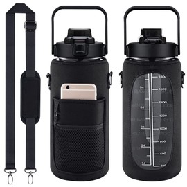 MOYAC Botella Agua con Funda Protectora, Botella de Agua 2 Litros con Pajita, Asa, Correa para el Hombro, Función de Apertura con un Botón, para Fitness, Viajes, Escuela, Oficina (Negro)