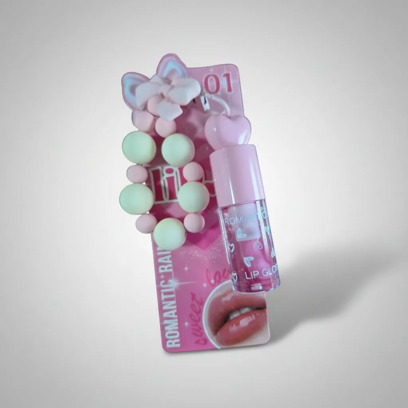 Brillo Labial Gloss Rosa Kawaii Con Llavero Moño Cuentas Ros