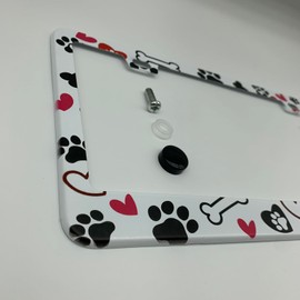 Supdanautodechere Black Dog Paw Prints Bones and Red Hearts License Plate Frame Cover, Matte White Powder Coated Stainless Steel, Animal Print Auto Car Tag Frame with 2 Holes & Free Screws
