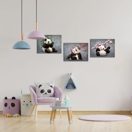 Saypeacher Panda Canvas Wall Art Panda Picture Prints with Flower Cute Animal Painting for Living Room Kids Room Bedroom Ideal Gift Artwork Framed