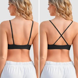 INIBUD Bralette for Women Removable Padded Bra Yoga Seamless V Neck Triangle Adjustable Straps Wireless, Black+Off-White+creanm, Small