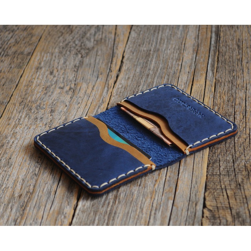 Brown and Blue Leather ID Card Holder Wallet Durable Storage