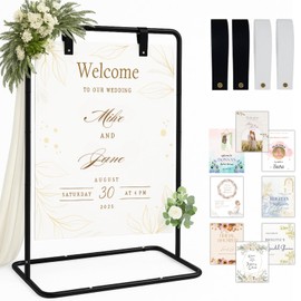 Merrifete Welcome Sign Stand, Adjustable Sign Holder Stand w/ Poster Design Templates & Leather Straps, Heavy Duty Metal Easel for Wedding, Bridal Shower, Birthday Party, Baby Shower, 68" x 30" x 20"