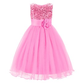 JerrisApparel Little Girls' Sequin Mesh Flower Ball Gown Party Dress Tulle Prom (7, Pink)