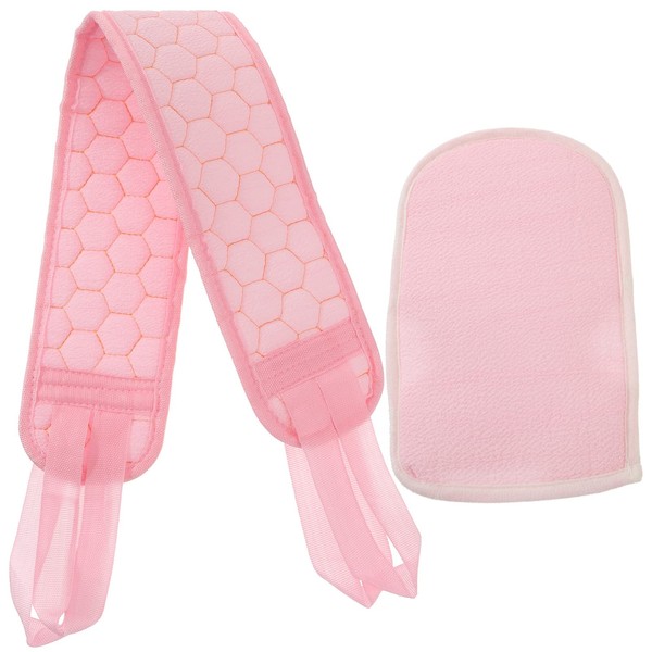 Lurrose Peeling Bath Towel with Bath Glove Back Washcloth Massage Strap Body Wash Belt Exfoliating Towel Wash Gloves Shower Gloves for Body Care Massage Spa Pack of 2 Pink