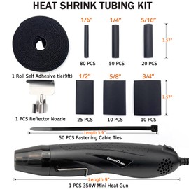 Heat Shrink Tubing Kit-350W Mini Heat Gun+4:1 Ratio Adhesive Lined,Marine Grade Shrink Tubes 195 PCS+Reflector Nozzle+Self Adhesive & Fastening Cable Ties - Wrapping Shrink Tube,Wire,Cable