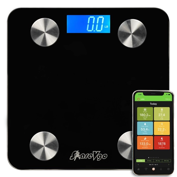 ShareVgo Smart Weight Scale Body Composition Monitor Bluetooth Body Fat Scale with App for Weight, Fat, Water, BMI, BMR, Muscle Mass, and Trending Analysis - SWS100