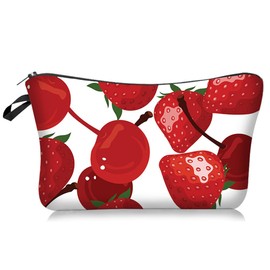 Makeup Bag Travel Small Portable Cosmetic Organizer Pouch for Women Girls Zipper Waterproof Clutch Toiletry Storage Purse,Strawberry Cherry Red