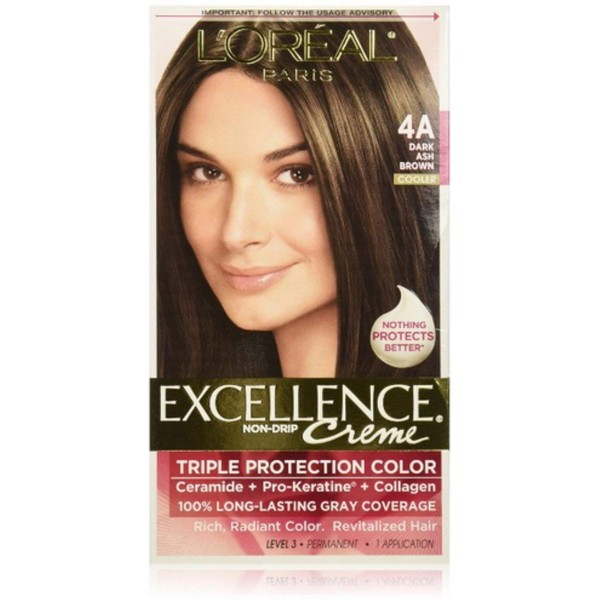 L'Oreal Paris Excellence Creme Permanent Hair Color, 4A Dark Ash Brown, 100 percent Gray Coverage Hair Dye, Pack of 1