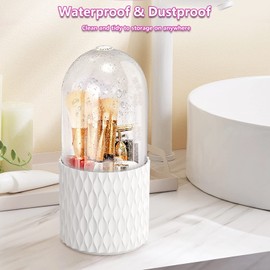 Makeup Brush Holder Organiser with Lid, 360° Rotating Dustproof Make Up Brushes Container, Spinning Waterproof Cosmetics Holders Storage Cup with 5 Compartment For Vanity Desktop Bathroom Countertop