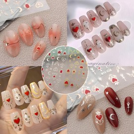 12 Sheet Star Nail Art Stickers 3D Self-Adhesiver Nail Decals Star Sun Moon Heart Nail Stickers Gold Silvery Nail Art Designs Stickers Gold Moon Nail Art Supplies for Women Nail Decorations