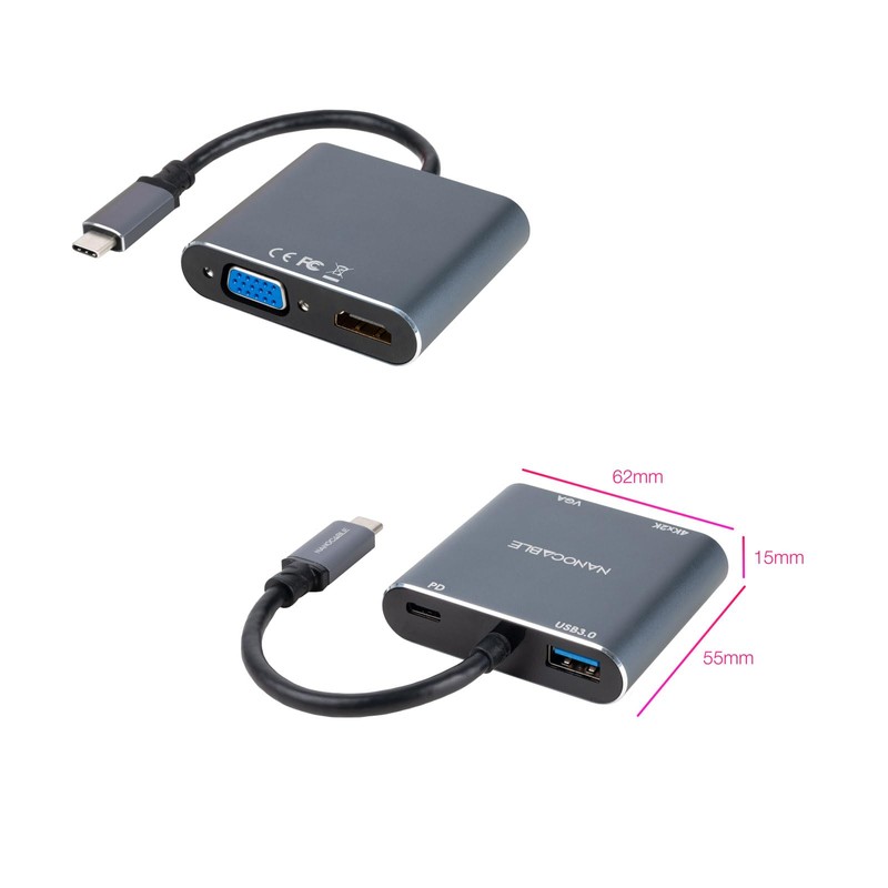 Nanocable 10.16.4304 USB-C to HDMI/VGA/USB3.0/PD Converter 15 cm, Grey