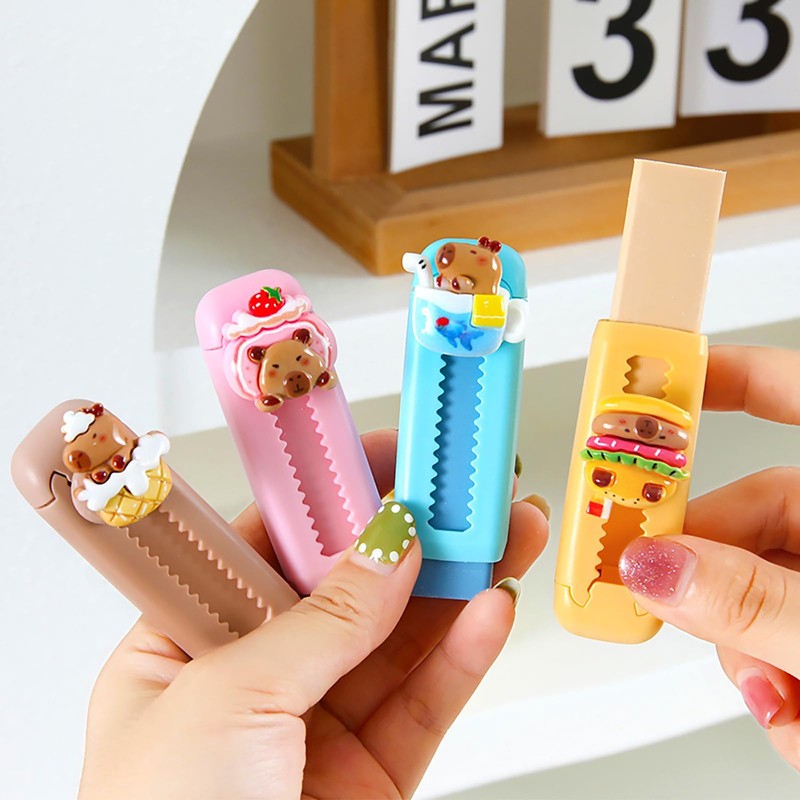 4 Pack Animal Eraser Sliding Push Pull Capybara Eraser Retractable