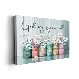 Kasluolo Inspirational Daisy Flower Wall Art Encouraging Bible Verses Wall Decor Marson Jars with Butterflies God Says You are Wall Art for Bathroom Bedroom Office Framed Artwork 12x16 inch (Teal)