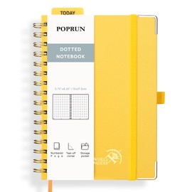 POPRUN Spiral Bullet Dotted Journal Notebook, [A5 Size] - 120 Gsm Thick Paper, 141 Numbered Pages, Wirebound Notepad for Men & Women with Pocket, Index Tabs, 8 Perforated Sheets, Light Yellow