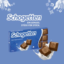 Schogetten Schogetten Edel-Alpenvollmilch 100g Schokoladentafel, praktisch einzeln portioniert. Ein Genuss. Stück für Stück.