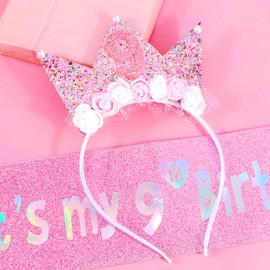 Vovii 9th Birthday Decorations for Girls, Birthday Girl Headband & Glitter Sash Set for 9 Year Old Girl Birthday Decorations, Birthday Flower Princess Crown Headband for Happy 9th Birthday Girl Outfit