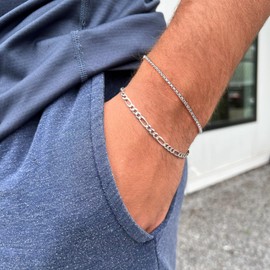 Tasiso Silver Bracelets for Men, Size 7"/7.5"/8" Silver Rope Figaro Mens Bracelet Set Men Jewelry Gifts for Dad Boyfriend Husband