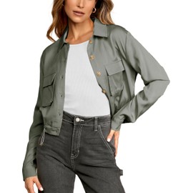 Vimyig Lightweight Cargo Jacket Women Casual Green Button Down Cropped Jackets with Pockets(ArmyGreen-XL)