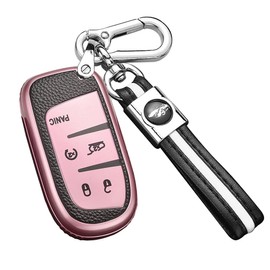 SANRILY 5 Button Smart Key Fob Cover for Jeep 2021 Grand Cherokee Keyless Remote Key Case for Dodge Charger and Chrysler 300 200 Key Protector Shell with Keychain Pink