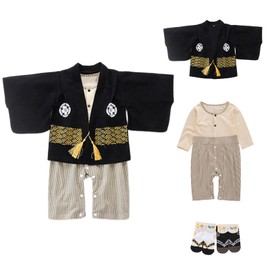 YOOCHUENG Baby Bodysuits Kimono Romper Long Sleeve Japanese Baby Kimono Toddler Onesies Cotton for Baby Boys and Girls with 2 Pairs of Socks, Baby Boy-Black-2 Tücke