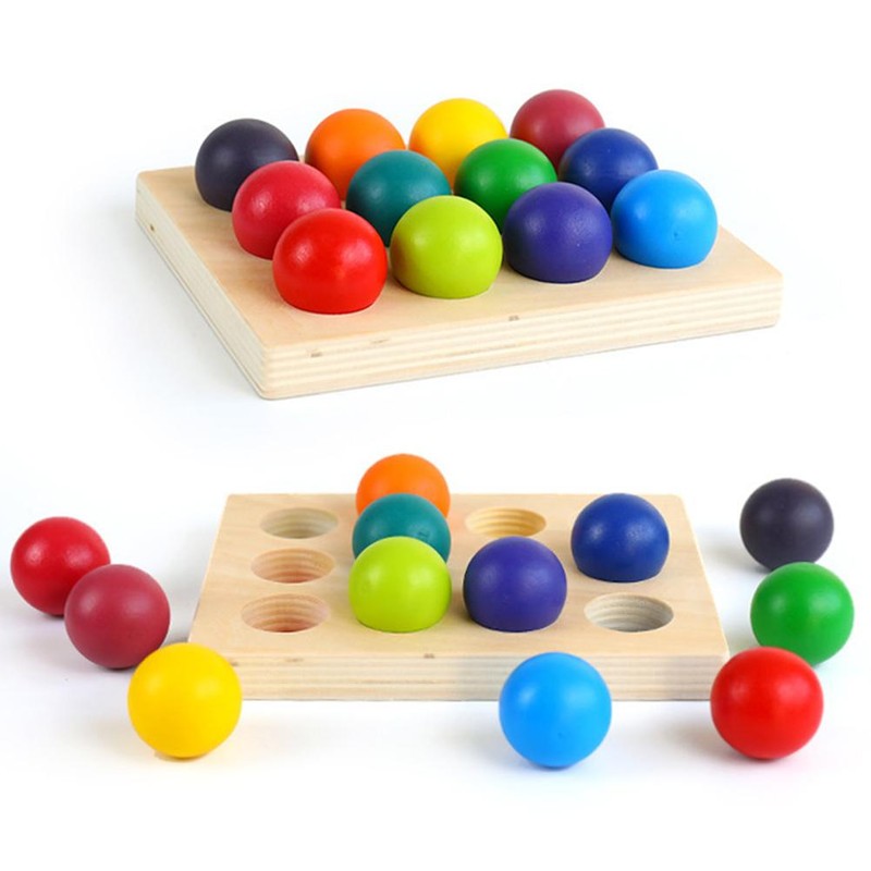 Rainbow Wooden Balls with Tray Wooden Sorting and Matching Game