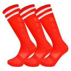 Marchare Boys Soccer Socks Toddler Athletic Socks 5-7 Years Knee High Striped Football Socks For Boys Girls Red 3 Pairs