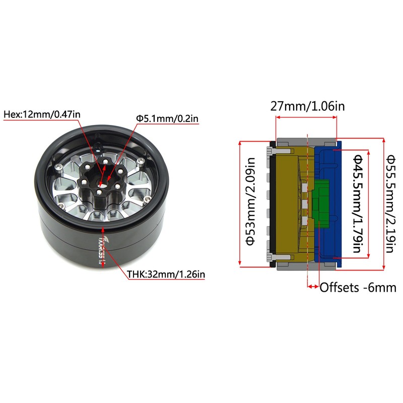 TxXrcss 152g Super Heavy Duty RC 1.9 Beadlock Wheels Offsets