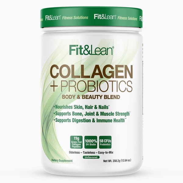 Fit & Lean Collagen + Probiotics- Grass-fed Collagen Peptide Powder, Unflavored, 12.64oz