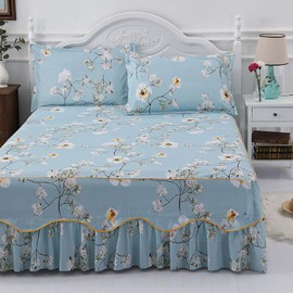 Feelyou Botanical Floral Bed Sheet Soft White Floral Fitted Sheet 3 Side Coverage 14 Inch Drop Dust Ruffle Cute Flower Print Bed Skirt 3 Piece 1 Falt Sheet & 2 Pillowcases (California King)