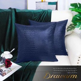 BRAWARM Faux Leather Pillow Covers 22 X 22 Inches, Navy Blue Leather Pillow Covers Pack of 2, Crocodile Leather Decorative Throw Pillows for Living Room Couch Bed Sofa Home