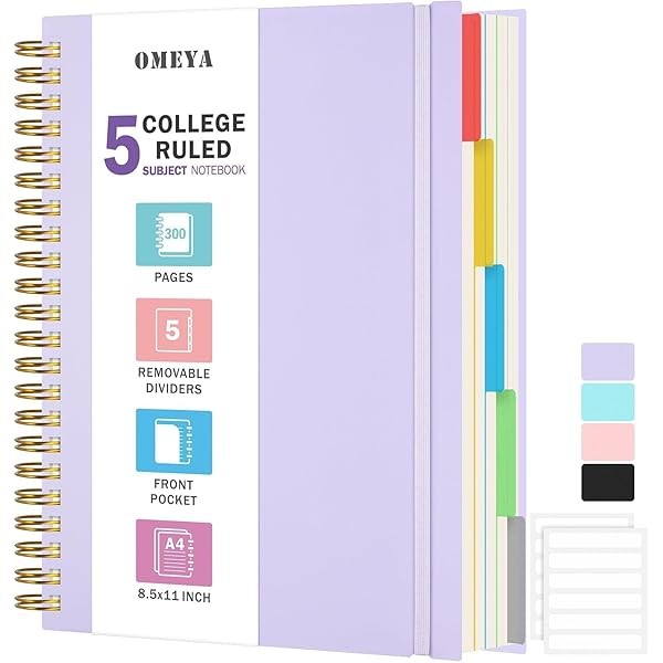 Spiral Notebook 8.5" x 11", 5 Subject Notebooks College Ruled