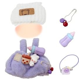 5 Pcs Doll Clothes for 17cm Plush Dolls, Includes White Knitted Hat, Lavender Overalls, and Purple Camera Accessories,Perfect for Doll Fashion and Play, Birthday Present for Adults Kids(No Doll)