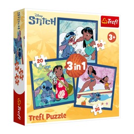 Trefl – Lilo & Stitch, Zeit mit Stitch – 3-in-1-Puzzle, 3 Puzzles, 20 bis 50 Teile – Verschiedene Schwierigkeitsgrade, Unterhaltung für Kinder ab 3 Jahren